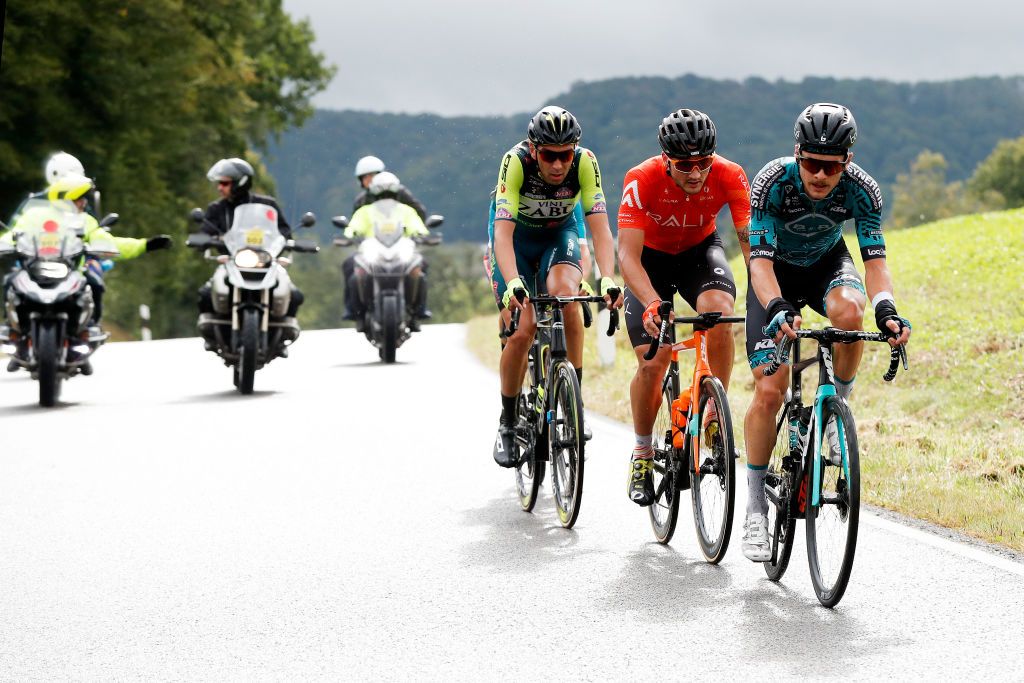 ESCHSURSRE LUXEMBOURG SEPTEMBER 15 LR Kamil Gradek of Poland and Team Vini Zabu Brado KTM Adam De Vos of Canada and Team Rally Cycling and Sebastian Schnberger of Austria and Team BB Hotels PB KTM compete in the Breakaway during the 81st SkodaTour De Luxembourg 2021 Stage 2 a 1861km stage from Steinfort to EschSurSre Eschdorf 504m skodatour skodatour on September 15 2021 in EschSurSre Luxembourg Photo by Bas CzerwinskiGetty Images