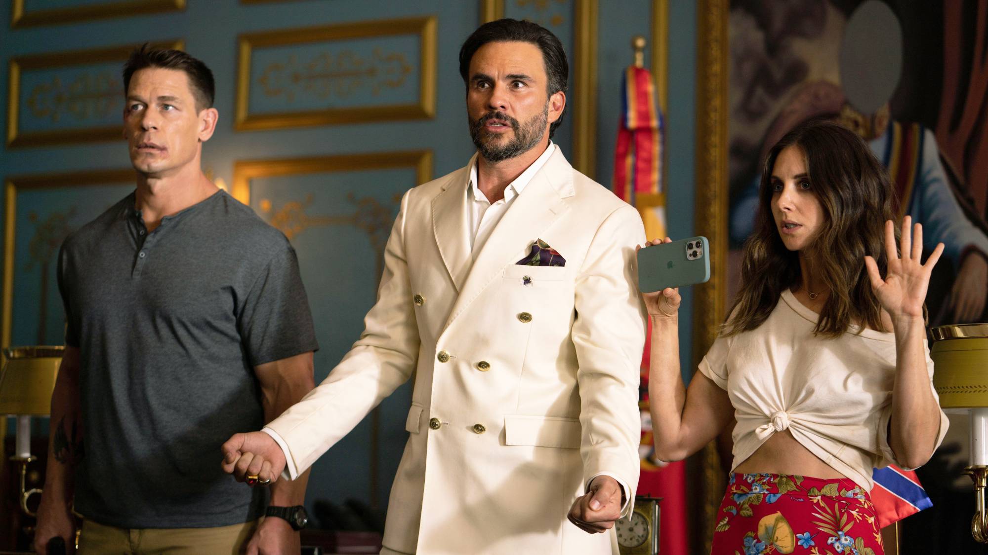 (L-R) John Cena as Mason Pettits, Juan Pablo Raba as Juan Venegas and Alison Brie as Claire Wellington in "Freelance"