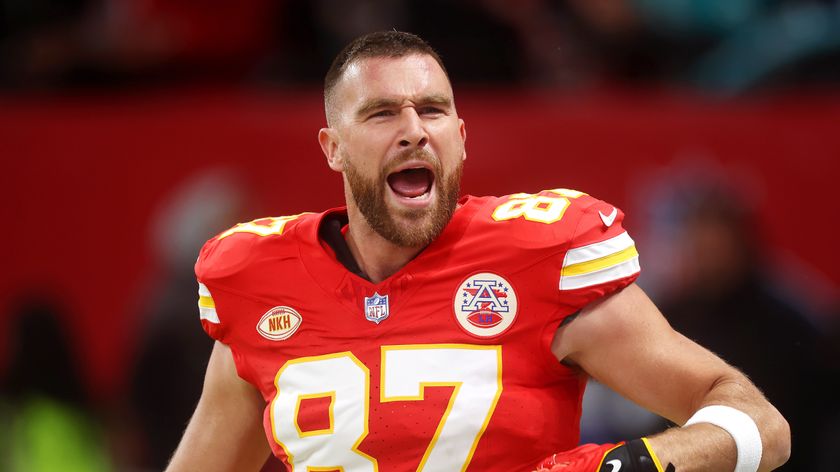 Travis Kelce #87 of the Kansas City Chiefs screams in delight ahead of the Super Bowl LVIII – Chiefs vs 49ers