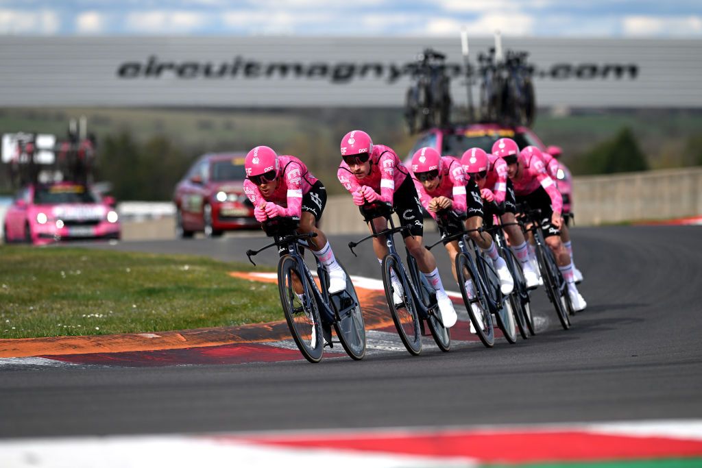 COULANGESLESNEVERS FRANCE MARCH 11 Neilson Powless of The United States Vincenzo Albanese of Italy Owain Doull of The United Kingdom Georg Steinhauser of Germany Harrison Sweeny of Australia Max Walker of The United Kingdom and Team EF EducationEasypostcompete during the 83rd Paris Nice 2025 Stage 3 a 284km team time trial stage from Circuit Nevers MagnyCours to Nevers UCIWT on March 11 2025 in CoulangeslesNevers France Photo by Dario BelingheriGetty Images