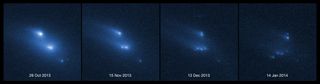 This series of images shows the asteroid P/2013 R3 breaking apart, as viewed by the NASA/ESA Hubble Space Telescope in 2013. This is the first time that such a body has been seen to undergo this kind of break-up. This image was released March 6, 2014.