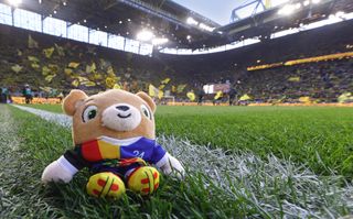 Euro 2024 mascot Albart pitchside at Borussia Dortmund versus Hoffenheim in February 2024.