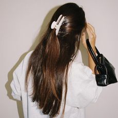 A woman with long, brown, glossy hair