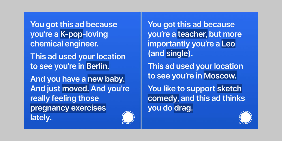 Two ads by Signal that were rejected from Instagram.