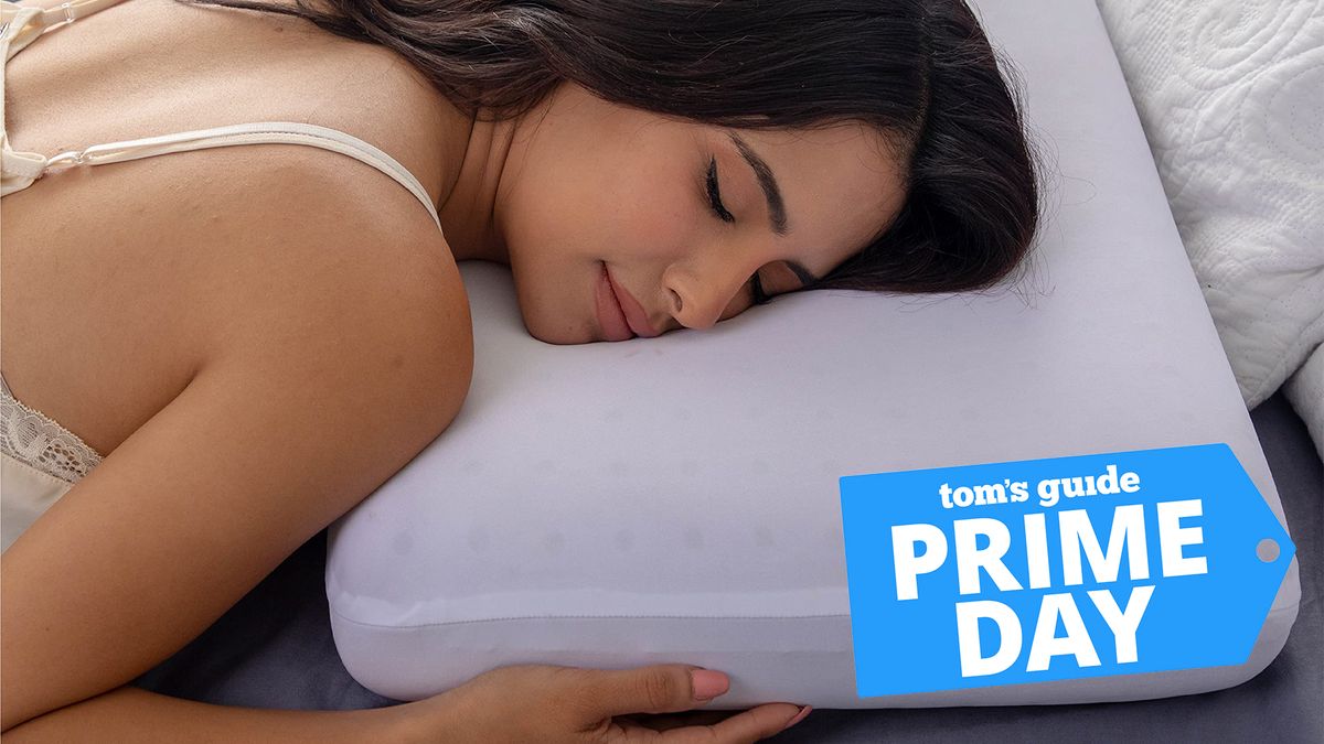 A woman sleeps on the Pharmedoc Cooling Memory Foam Bed Rest Pillow in Lilac Dreamer, a Toms&#039; Guide Prime Day deals graphic (right)