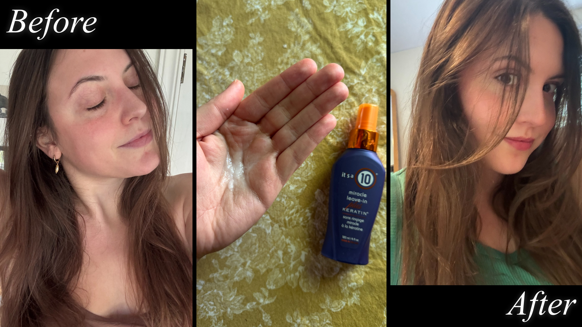Sophia Vilensky tests the It's a 10 Keratin miracle leave-in with a before photo, an after photo, and photo of the product's texture.