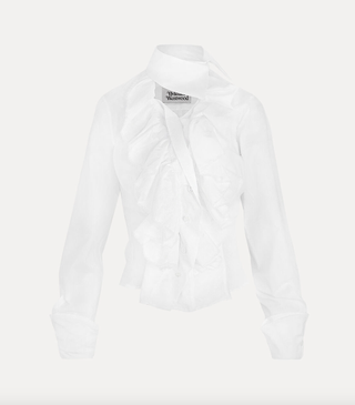 a white shirt by vivienne westwood in front of a plain backdrop