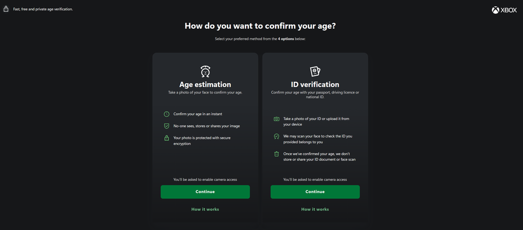 Xbox's UK age verification options, including age estimation and ID verification