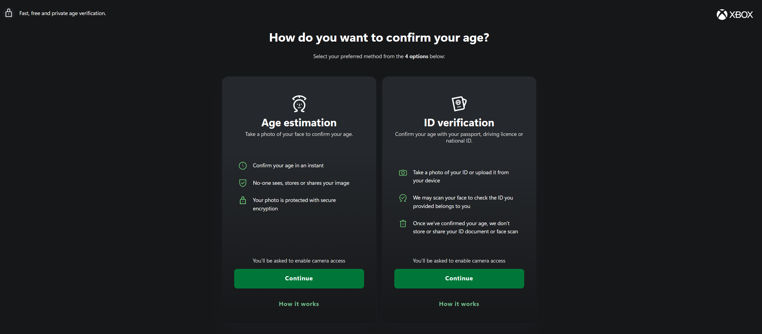 Xbox&#039;s UK age verification options, including age estimation and ID verification