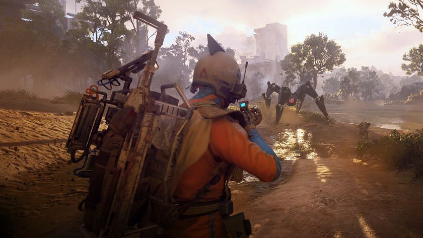 Arc Raiders Aphelion blueprint: A raider wearing a blue and orange space-age jumpsuit while fighting a Leaper.