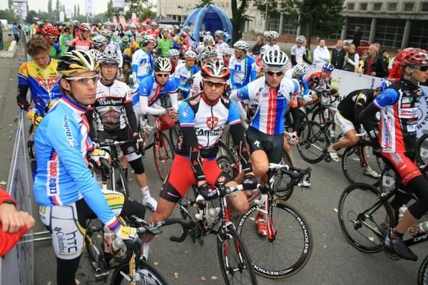 Riders await the start in Prague.