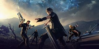 The cast of Final Fantasy 15, weapons drawn, get ready for battle.