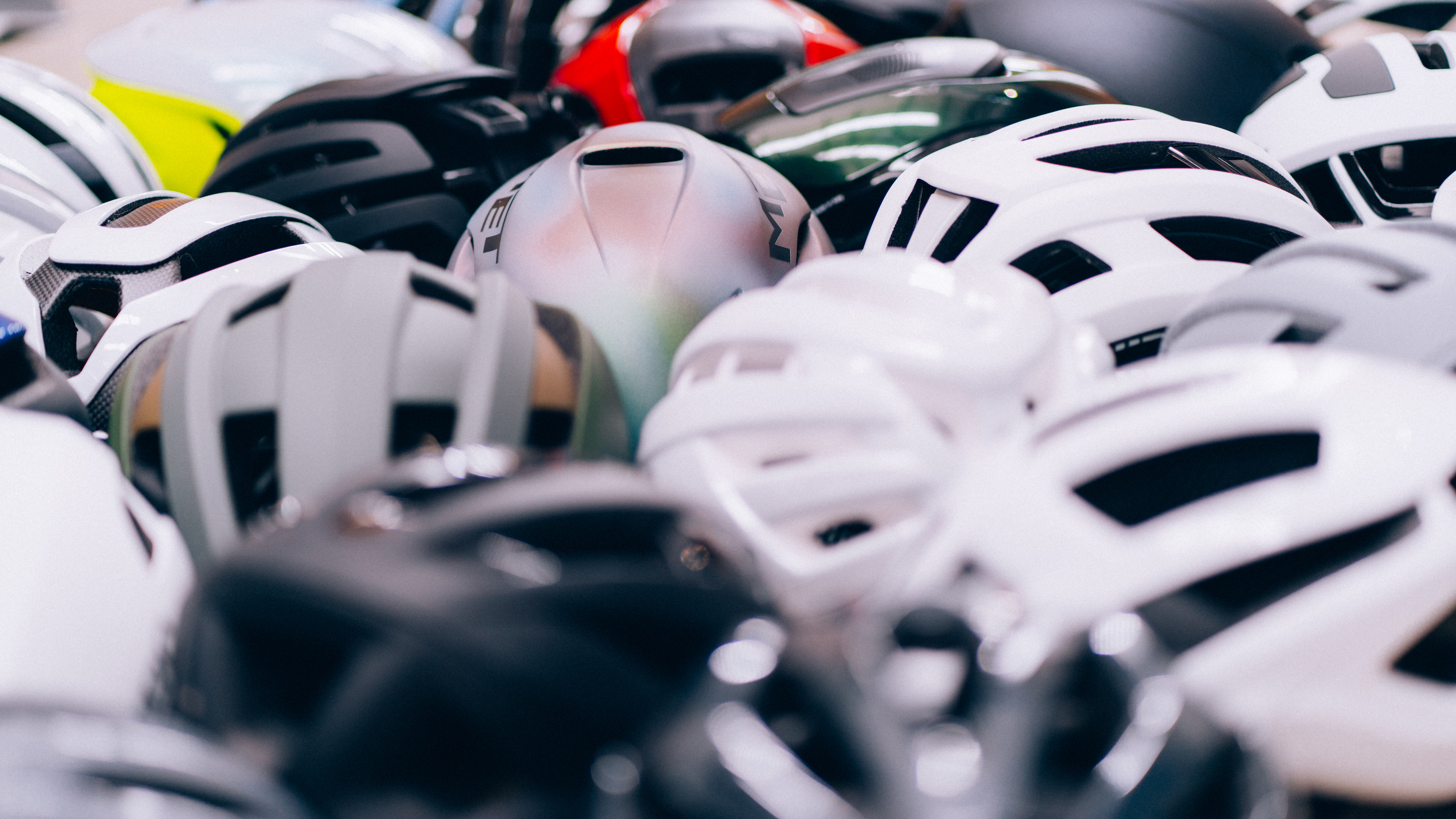 A close up of helmets being tested in the wind tunnel