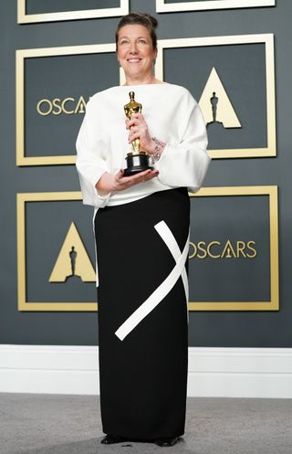 Jacqueline Durran, winner of the Costume Design award for “Little Women,” poses in the press room during the 92nd Annual Academy Awards at Hollywood and Highland on February 09, 2020 in Hollywood, California.