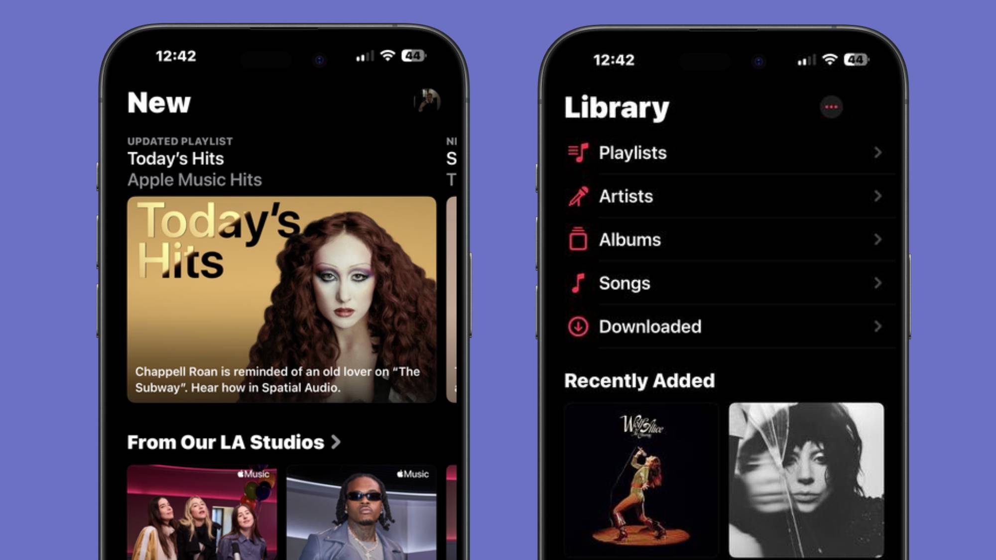 Screenshots of Apple Music's library page and new music hub