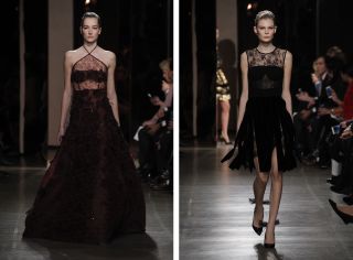 2 models on runway wearing lace dresses, one long maroon and one short black