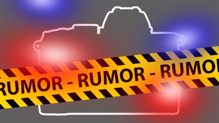 Nikon camera outline with crime scene inspired yellow tape that says Rumor and blue and red lights 