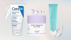 Collage of the best face moisturisers (L-R) CeraVe Moisturising Cream, Drunk Elephant Lala Retro Whipped Cream and Paula's Choice Clear Oil-Free Moisturiser on a pastel watercolour background, with white cream swatches