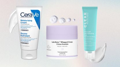 Collage of the best face moisturisers (L-R) CeraVe Moisturising Cream, Drunk Elephant Lala Retro Whipped Cream and Paula's Choice Clear Oil-Free Moisturiser on a pastel watercolour background, with white cream swatches