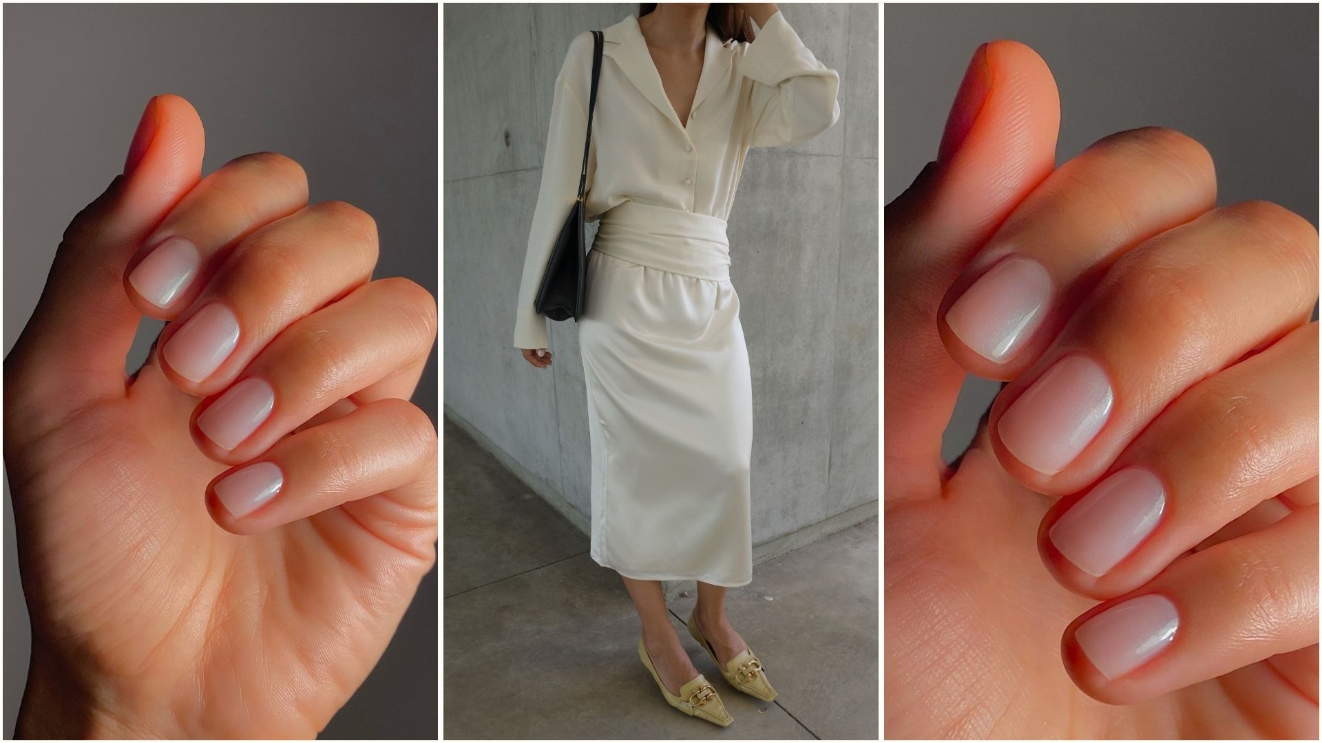 A collage of a shimmery milky manicure and Débora Rosa in a white silk outfit