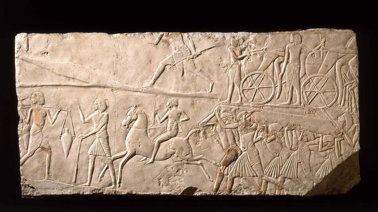 This limestone Egyptian relief shows a messenger on horseback from the Horemheb tomb, Saqqara, late 18th dynasty. Bronze Age riders are usually show a rider position known as "chair seat," which didn't use a padded saddle or stirrups.