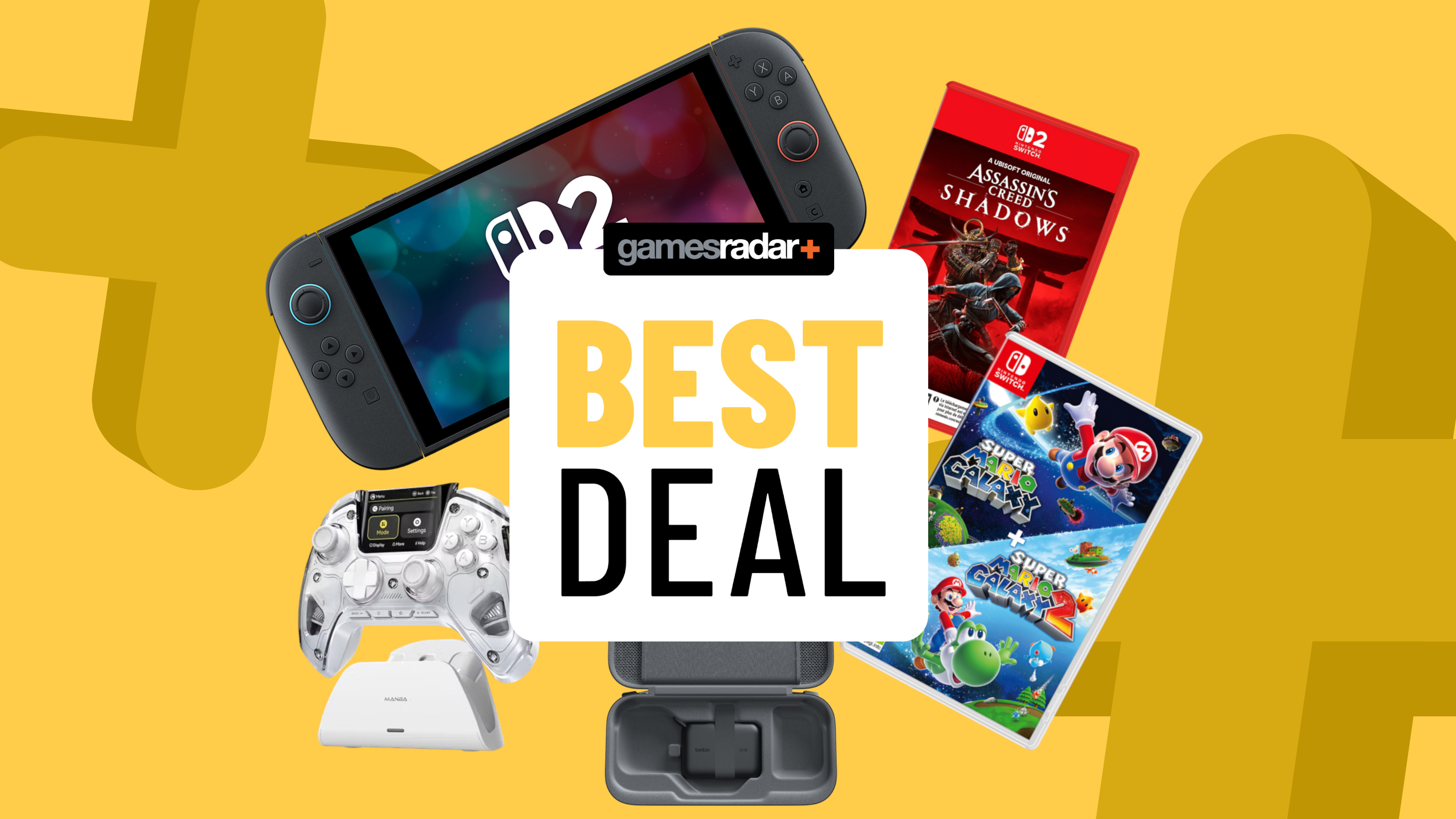 Nintendo Switch 2 with games, controller, and case on a yellow background with best deal badge