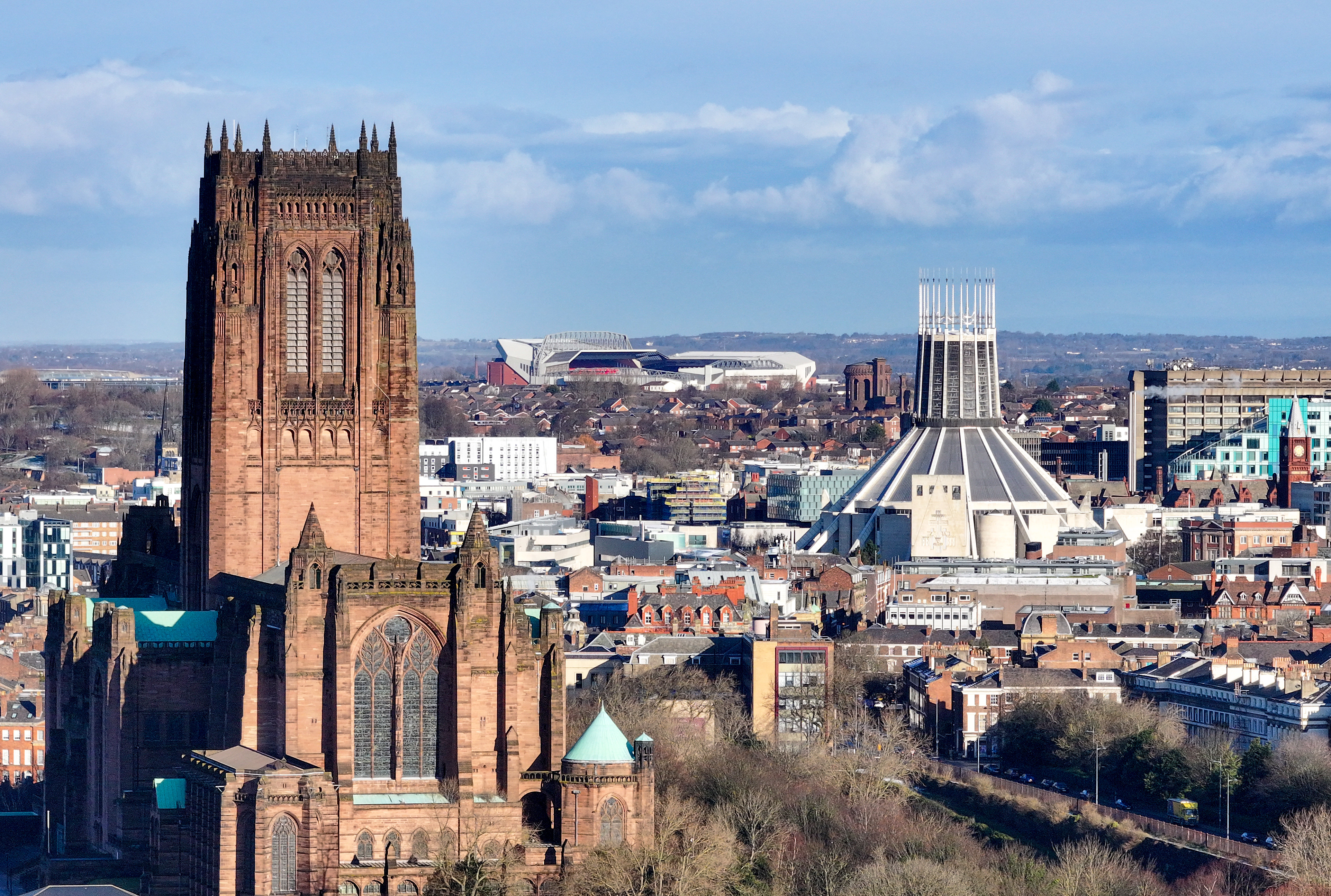 An aerial view of Liverpool showing the Liverpool Anglican Cathedral and the Catholic Metropolitan Cathedral of Christ the King.