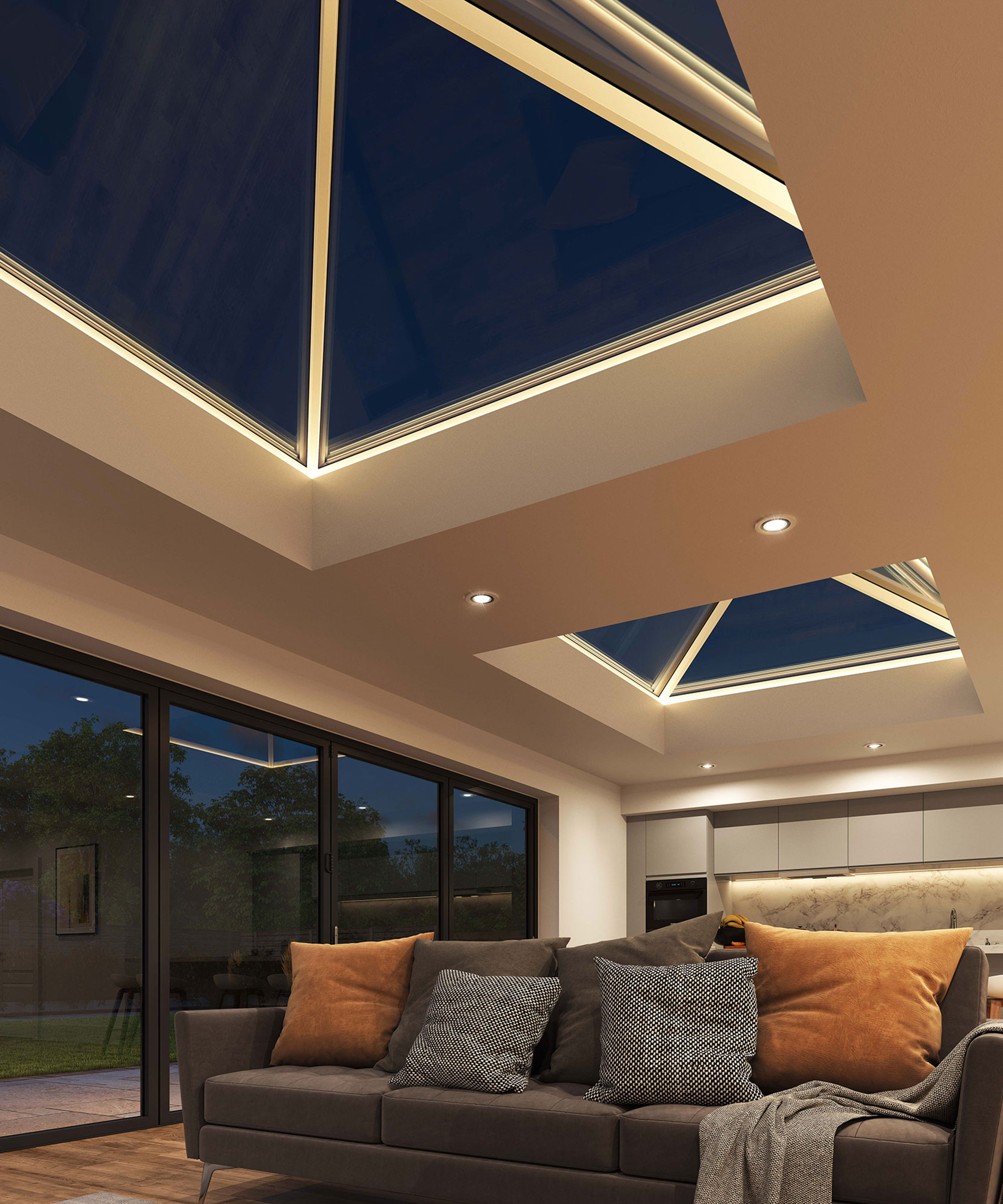 extension space at night with a large roof lantern overhead