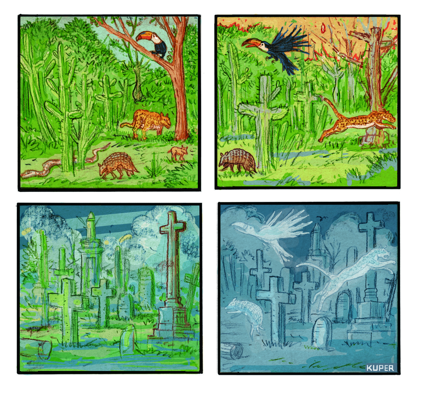 This four-panel cartoon depicts the transformation of a vibrant rainforest into a graveyard. The first panel shows a lush jungle with various animals, including a toucan and a jaguar. The second panel introduces crosses appearing among the trees, and the jaguar is running away. The third panel shows the forest has become a dense cemetery, with animals now appearing as faint, ghostly figures. The final panel shows only the graveyard with the ghostly forms of the animals.