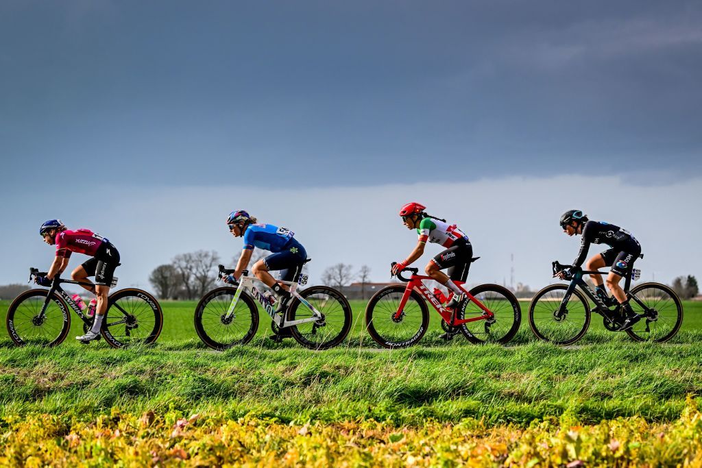 TOPSHOT SD Worxs Dutch rider Lorena Wiebes L CanyonSRAMs Dutch rider Maike Van Duin TrekSegafredos Italian rider Elisa Balsamo and Team DSMs British rider Pfeiffer Georgi cycle during the womens elite race of the Classic BruggeDe Panne oneday cycling race 1595 km from Brugge to De Panne on March 23 2023 Photo by DIRK WAEM Belga AFP Belgium OUT Photo by DIRK WAEMBelgaAFP via Getty Images