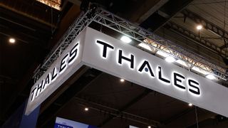 Thales logo pictured at the company's pavilion at the Mobile World Congress in Barcelona, Spain.