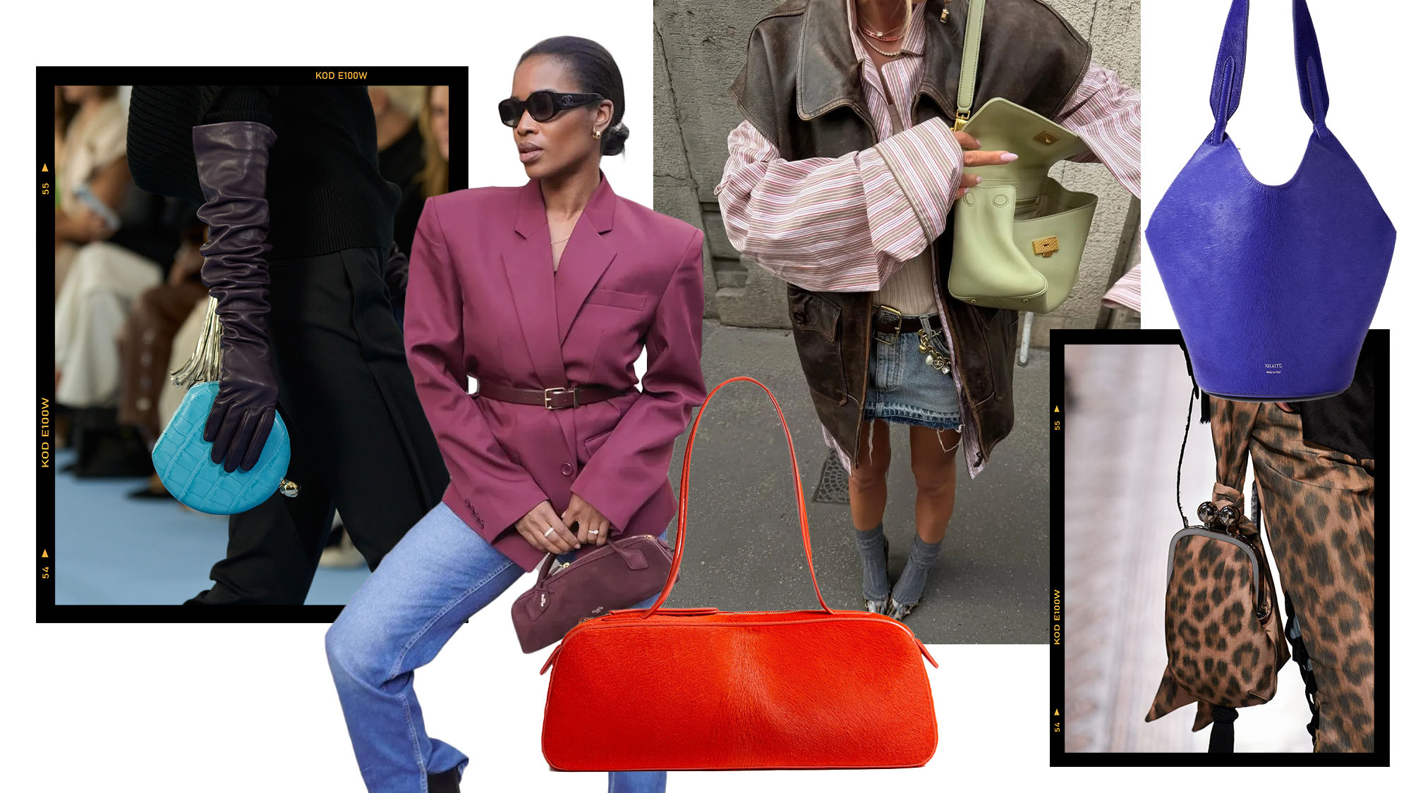 Collage of women, handbags, and runway imagery of the best spring 2026 handbag color trends.