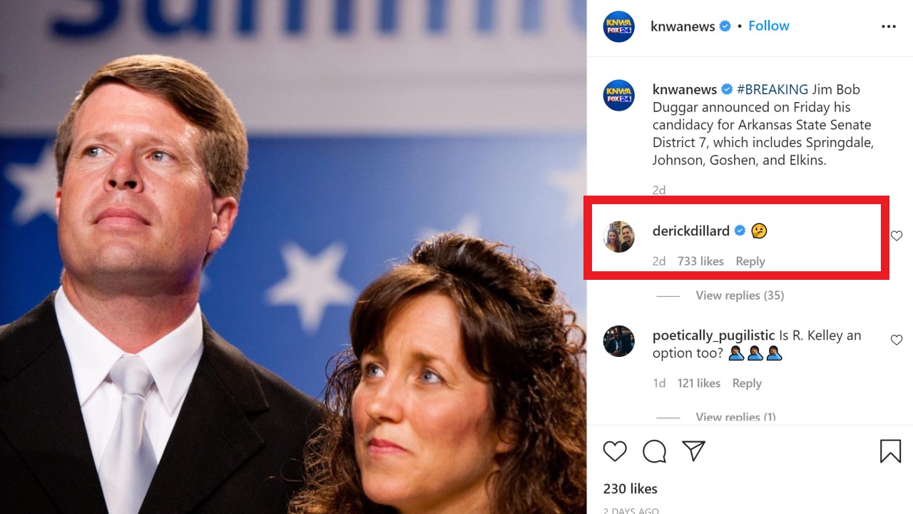 Derick Dillard comenta en una publicación de Instagram sobre la candidatura de Jim Bob Duggar al Senado