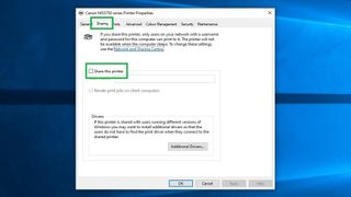 How to share a printer in Windows 10 step 4: Click the “Sharing” tab, then check the “Share this printer” box