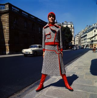 70s fashion - red tipped black and white tweed