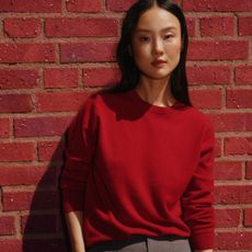 uniqlo model wearing red jumper against a brick wall