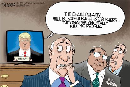 Political cartoon U.S. Trump drug dealer opioid epidemic death penalty pharmaceutical industry