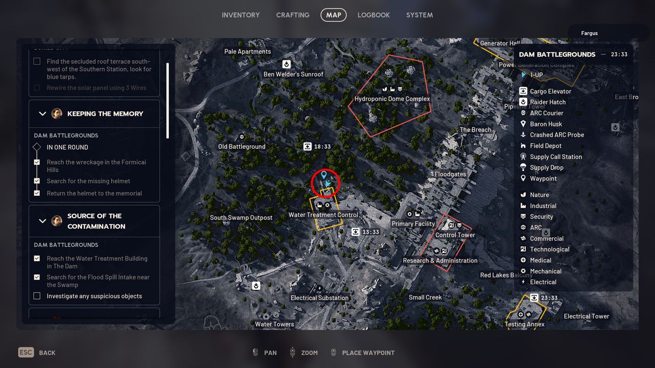 Arc Raiders Source of the Contamination: A map with a red circle showing the location of the flood spill intake at Water Treatment Control on Dam Battlegrounds.