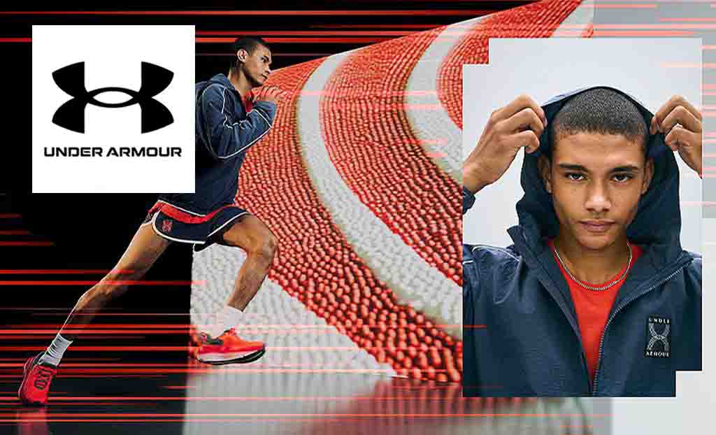Under Armour logo placed over a graphic design of a man running 