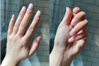 two pictures of nude pink dip powder nails