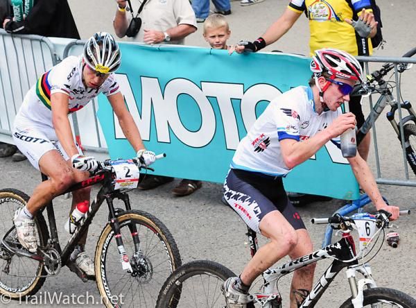 Mathias Fluckiger (Trek World Team) followed by Nino Schurter with one lap to go.