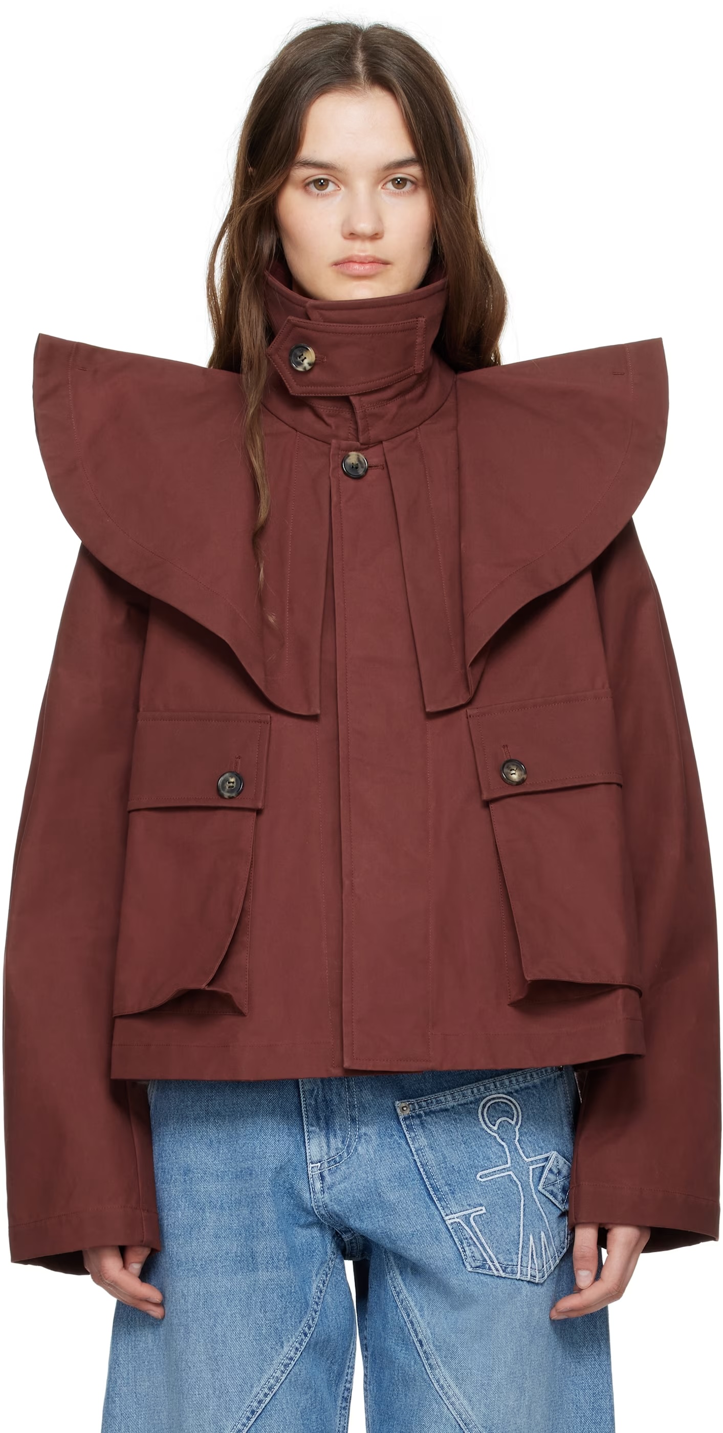 jw anderson burgundy cropped trench coat with statement collar