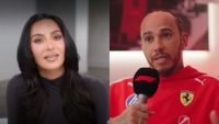 Kim Kardashian in Season 7 of The Kardashians, next to Lewis Hamilton being interviewed for Formula 1.