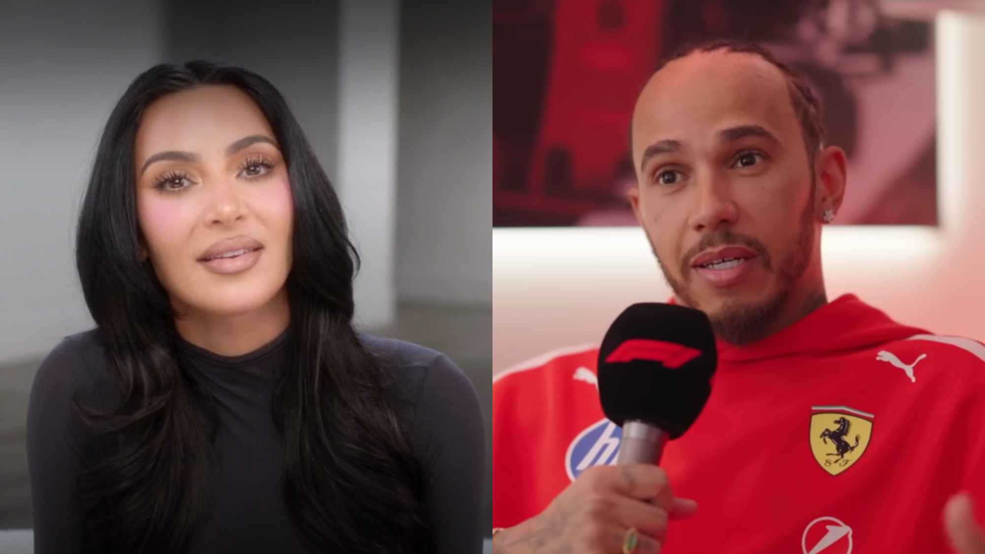 Kim Kardashian in Season 7 of The Kardashians, next to Lewis Hamilton being interviewed for Formula 1.