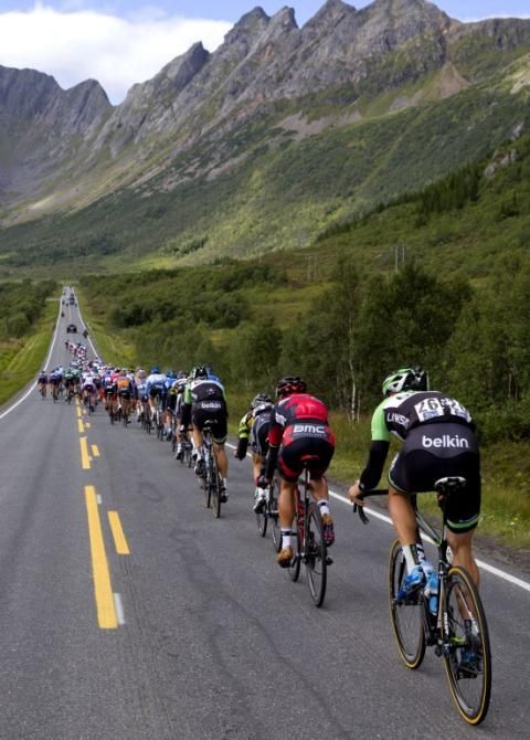 The peloton lined out on stage 2 of the Arctic Tour of Norway