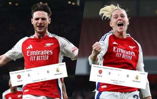 Declan Rice and Alessia Russo celebrating with the two game scores across them