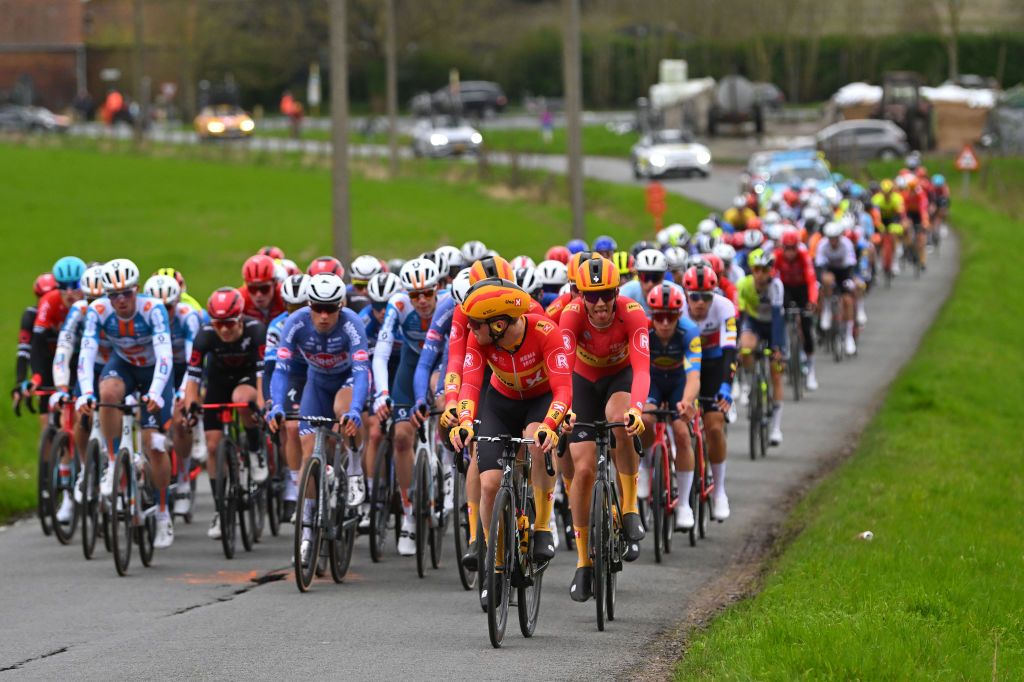 NOKERE BELGIUM MARCH 13 Louis Bendixen of Denmark and Team UnoX Mobility leads the peloton during the 78th Danilith Nokere Koerse 2024 Mens Elite a 1881km one day race from Deinze to Nokere UCIWT on March 13 2024 in Nokere Belgium Photo by Luc ClaessenGetty Images