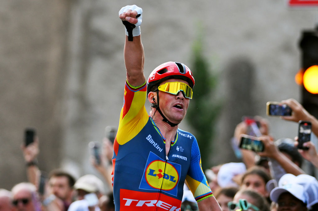 SCHIFFLANGE LUXEMBOURG SEPTEMBER 19 Mads Pedersen of Denmark and Team LidlTrek celebrates at finish line as stage winner during the 84th Tour de Luxembourg 2024 Stage 2 a 155km stage from Junglinster to Schifflange UCIWT on September 19 2024 in Schifflange Luxembourg Photo by Tim de WaeleGetty Images