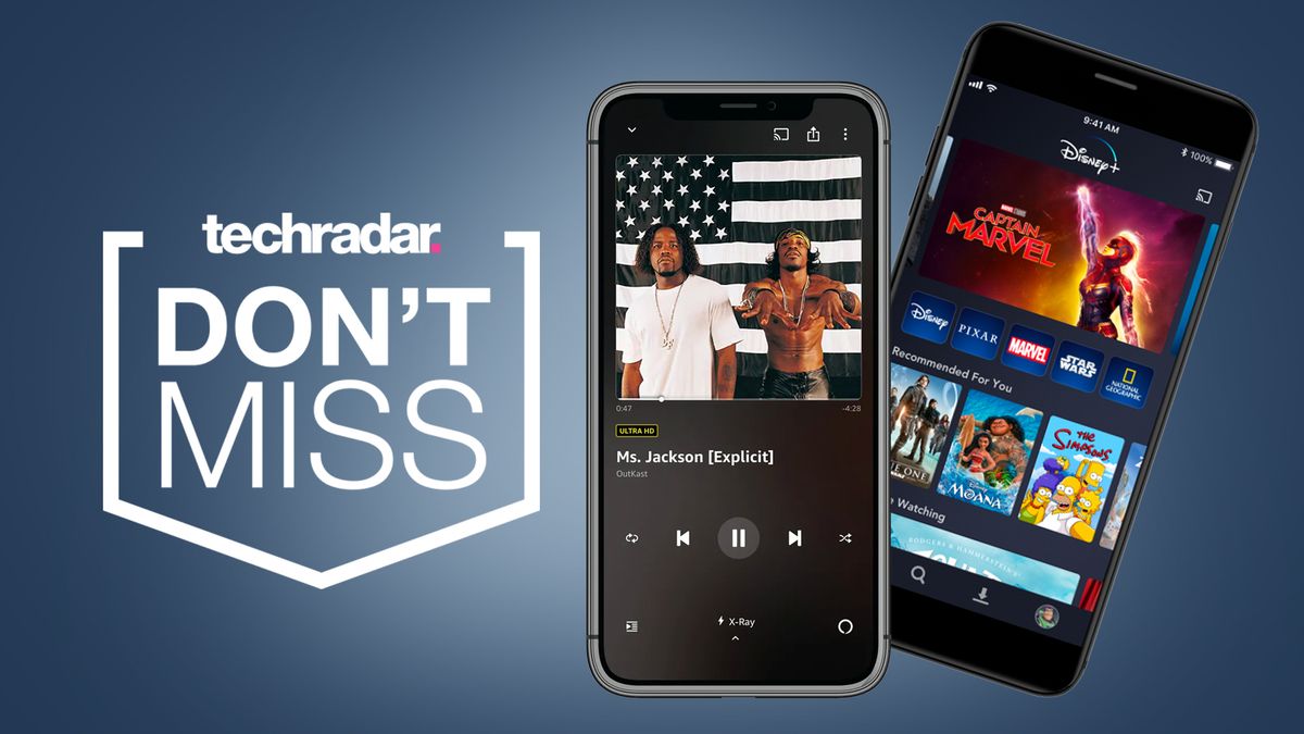 two phones, one showing amazon music unlimited playing a song, one showing the landing page of disney plus