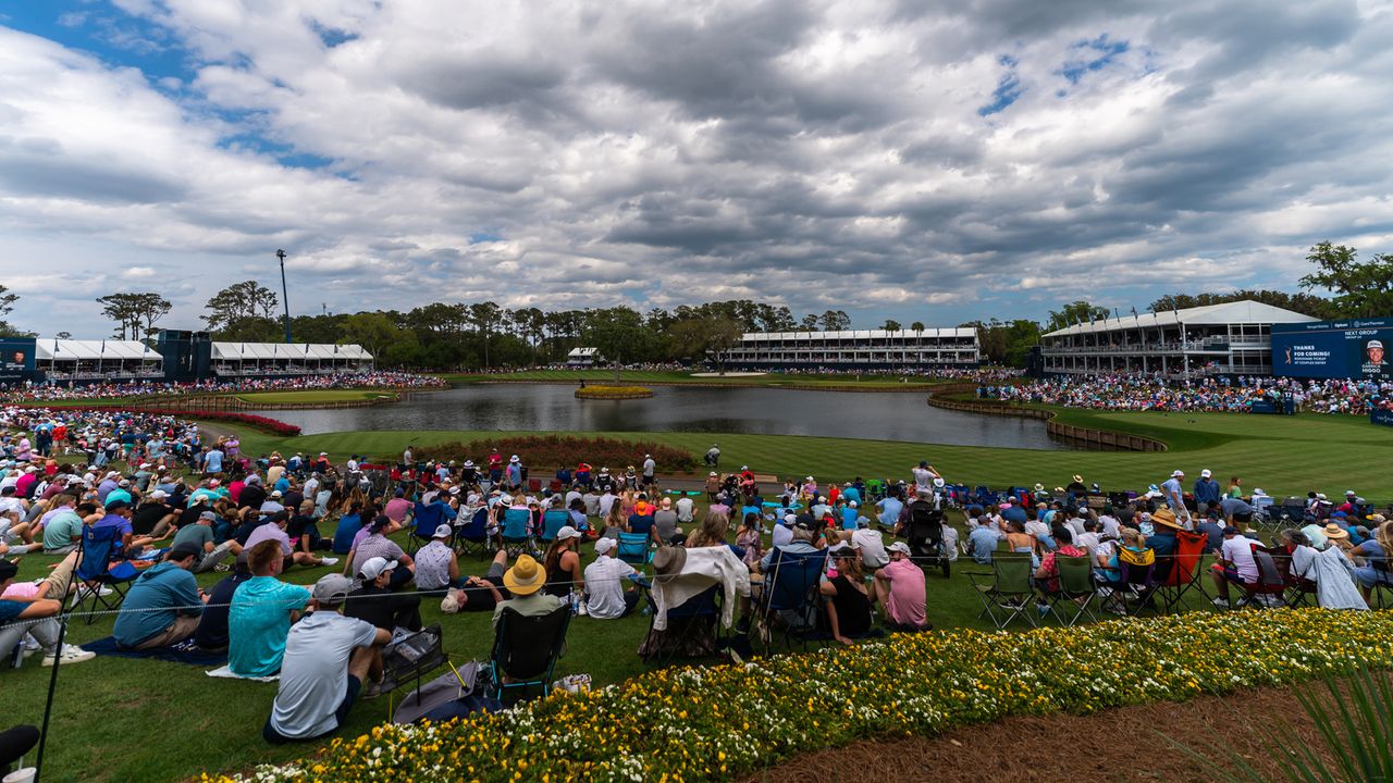 A general view from behind the crowd of the 17th hole at TPC Sawgrass&#039; Stadium Course